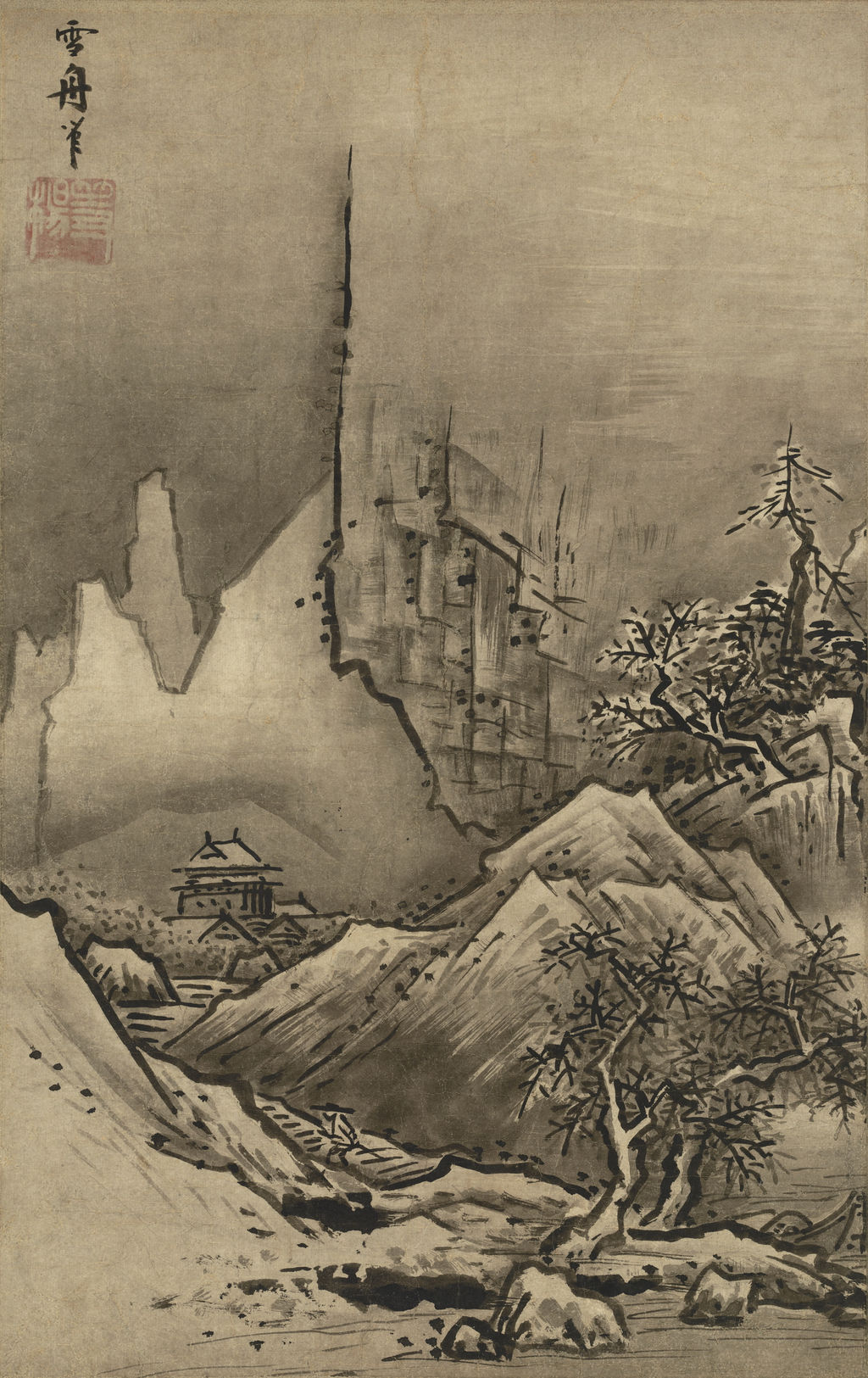 雪舟《秋冬山水図》A-1398の冬景。東京国立博物館/ColBaseの画像を比例縮小。