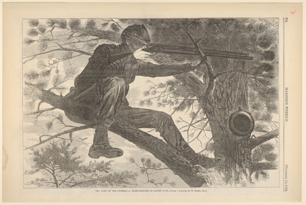 ホーマーの図案による《歩哨任務の狙撃兵》、1862年、木口木版。Met 29.88.3(5)。「after Winslow Homer」という館の帰属を維持。