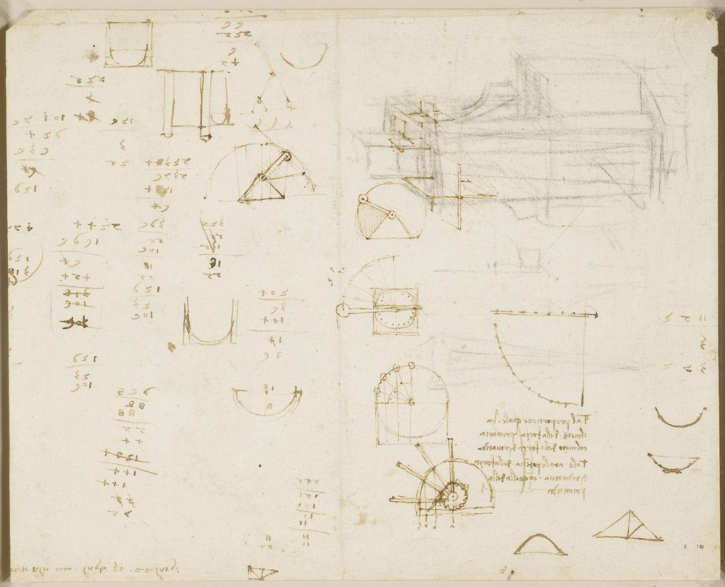 Calculations with architectural, engineering and geometric sketches.