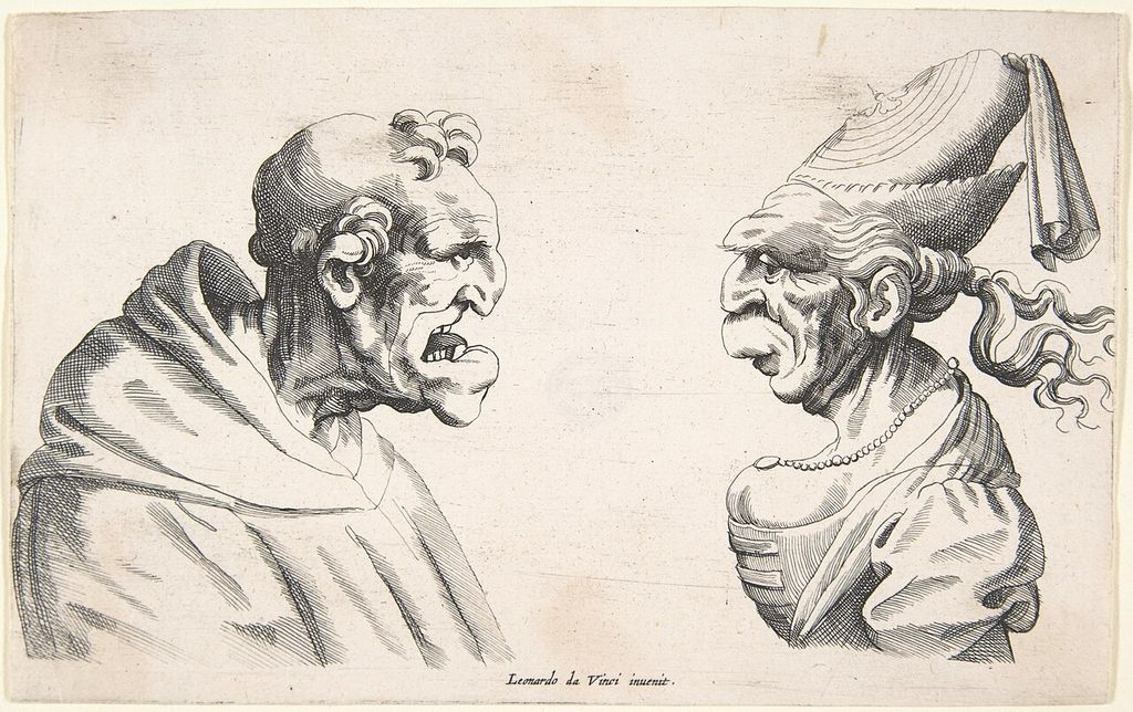 Two grotesque heads engraved after Leonardo.
