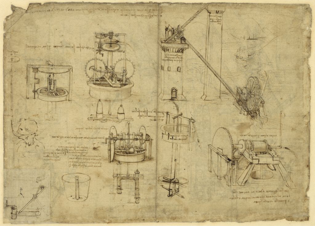 Codex Atlanticus folio with water-raising and pumping devices.