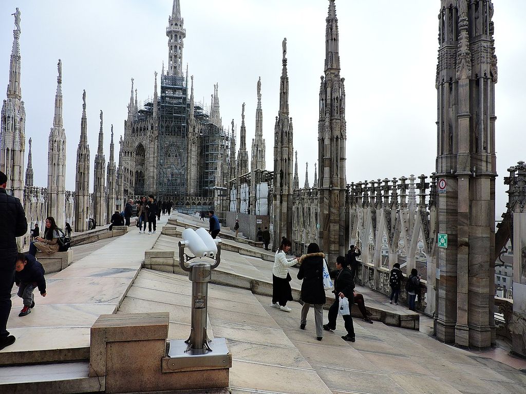 Roof terraces and crossing tower of Milan Cathedral.