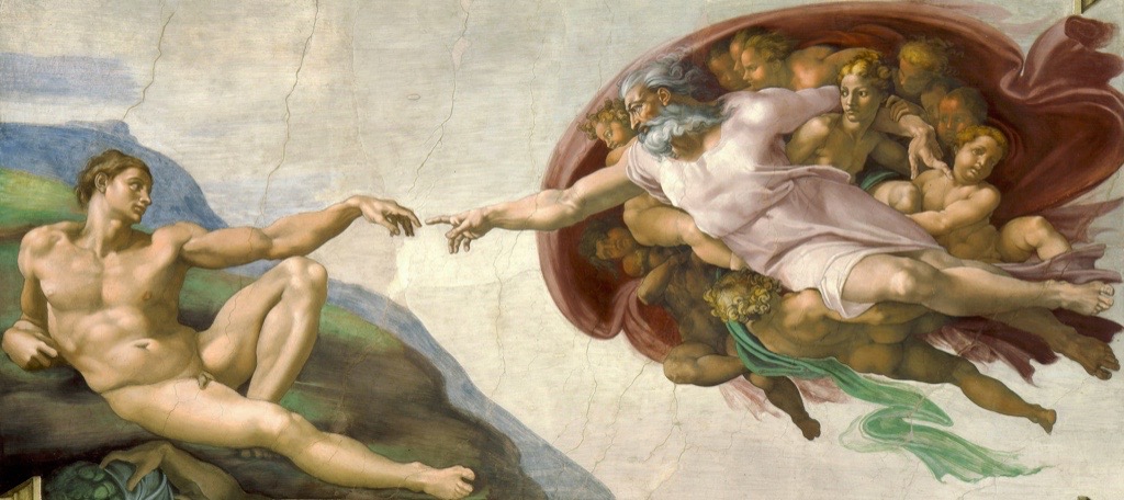 Creation of Adam by Michelangelo on the Sistine Chapel ceiling, with God reaching toward Adam