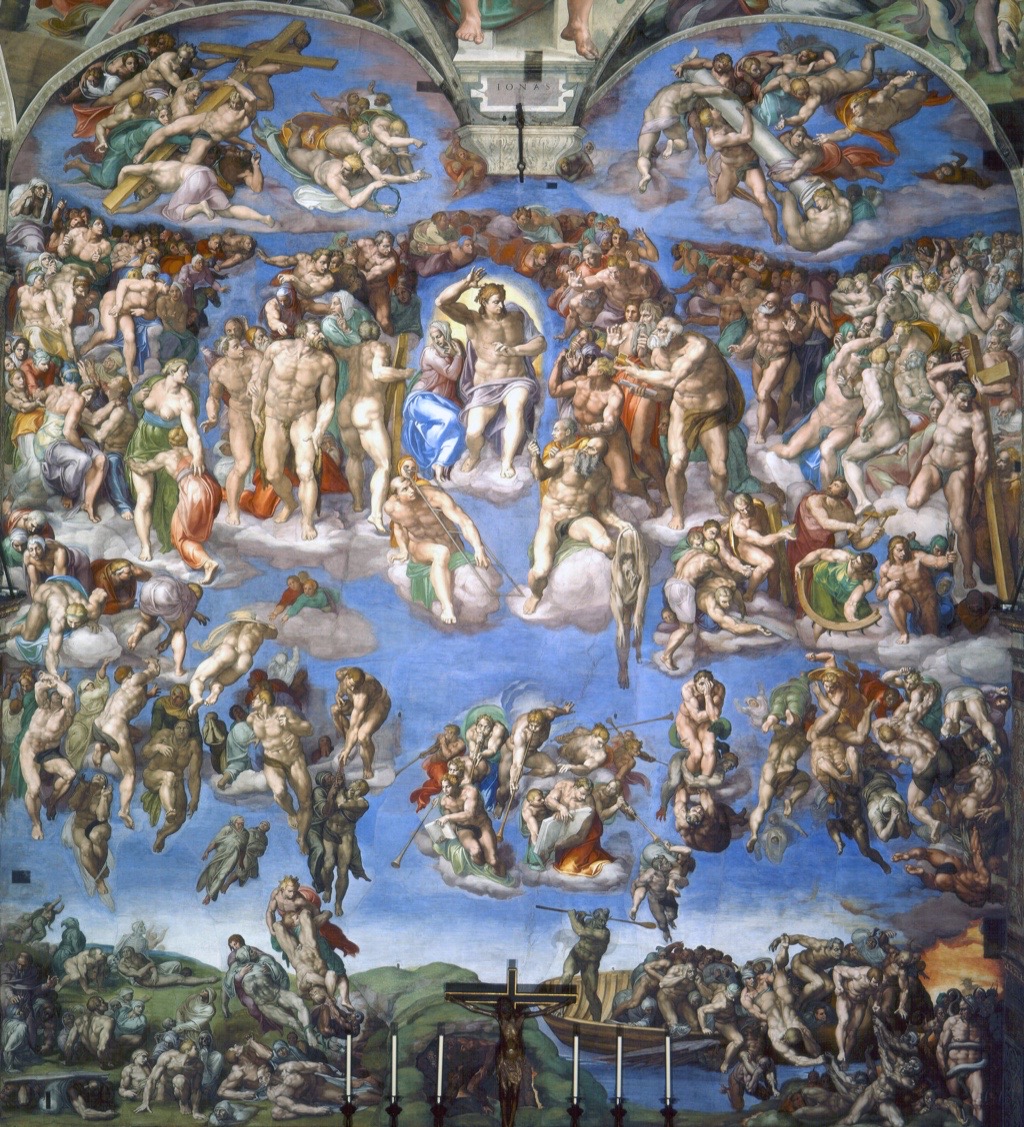 Michelangelo's Last Judgement on the Sistine Chapel altar wall, showing the full fresco and upper Passion lunettes