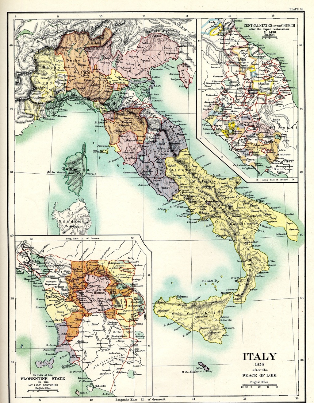 Annotated historical map of Italy after the Peace of Lodi in 1454, used as background for Michelangelo career places