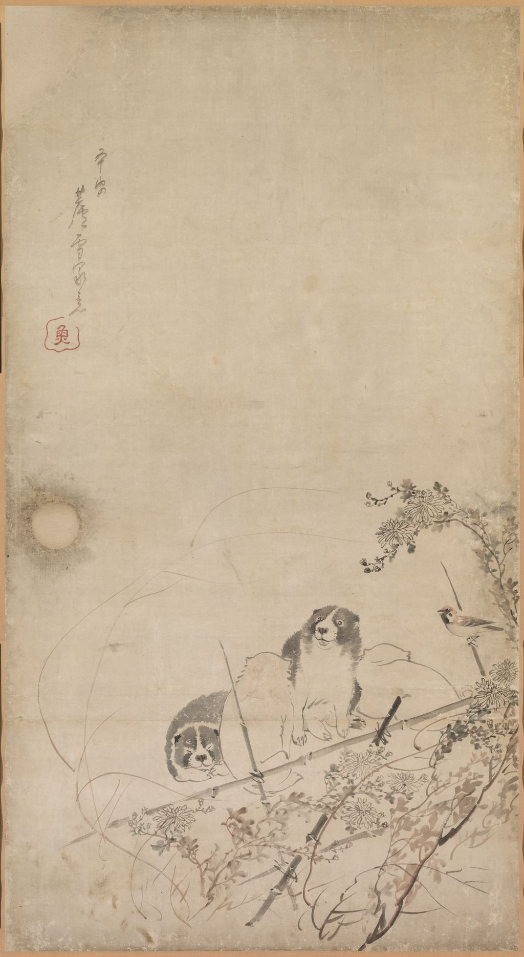 Puppies, Sparrows, and Chrysanthemums, panel 1 of one ensemble
