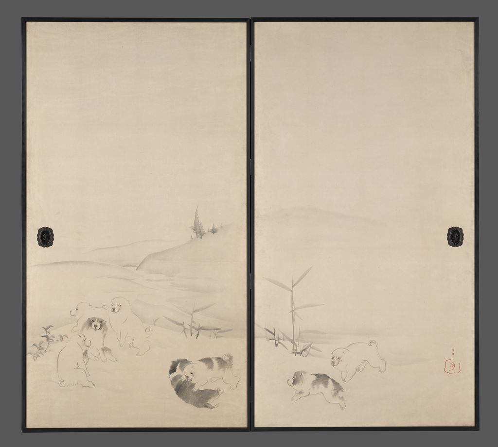 Nagasawa Rosetsu, Puppies in the Snow, right two panels