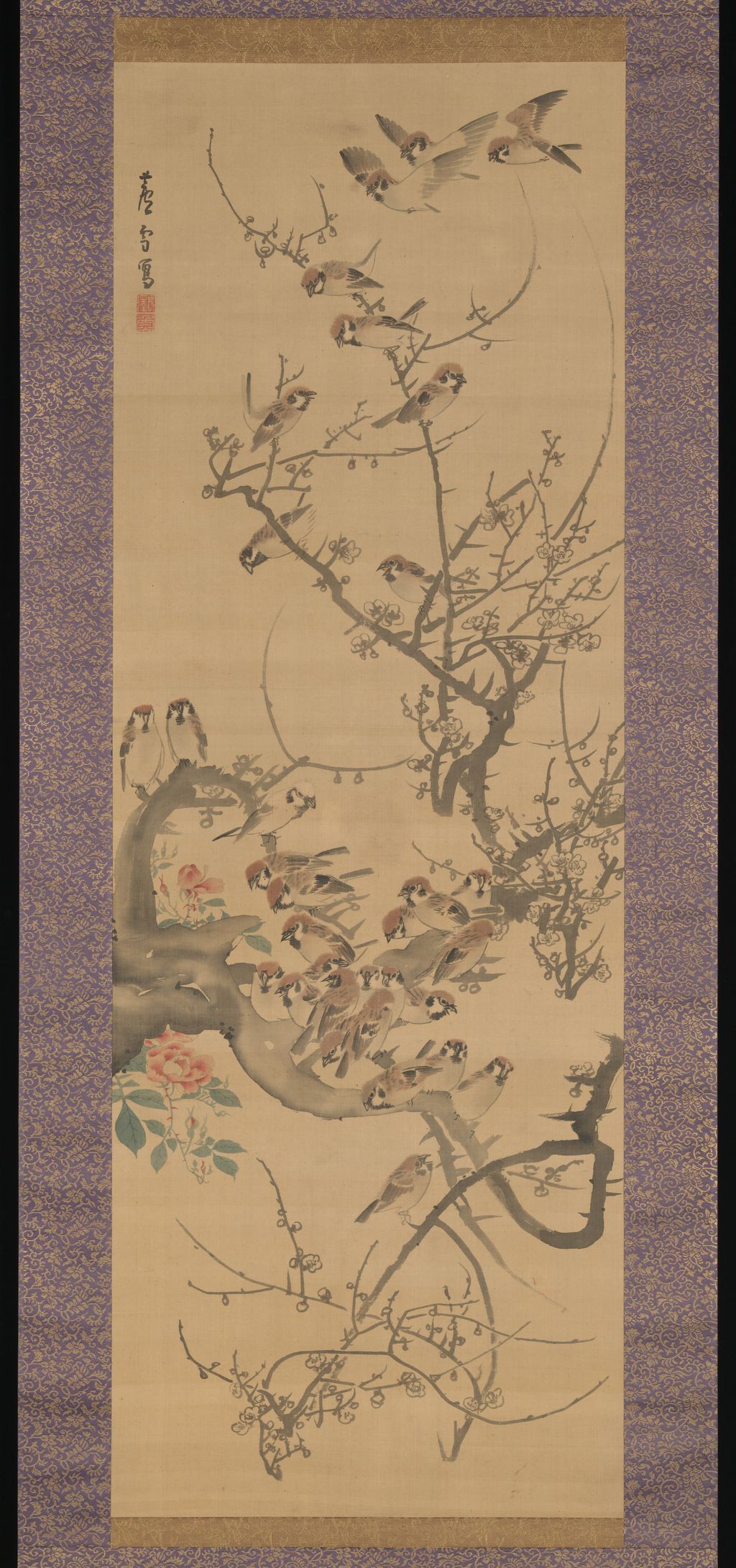 Sparrows in a Plum Tree, complete hanging scroll