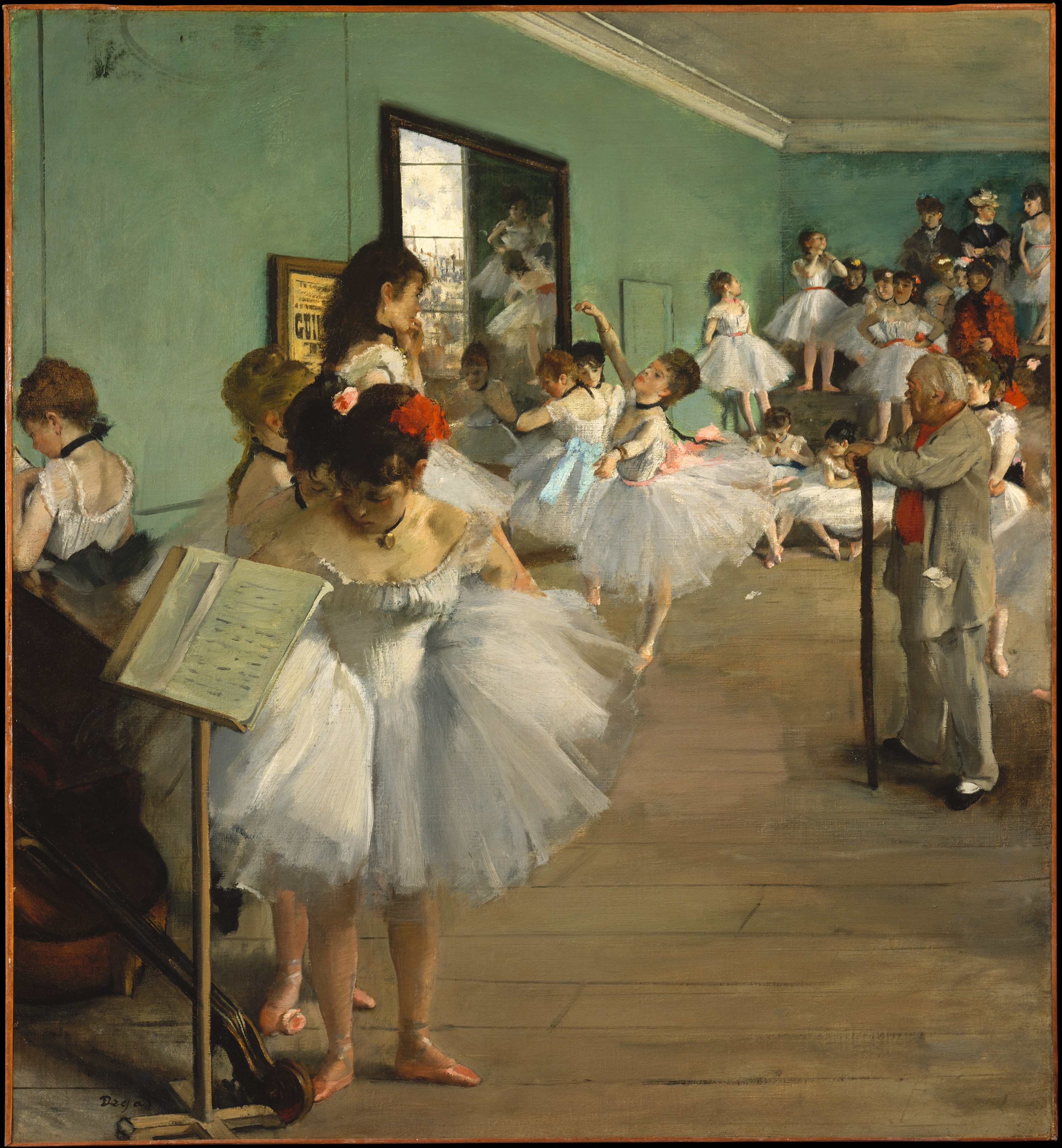 Degas's The Dance Class shows ballerinas waiting and practising in a studio as ballet master Jules Perrot observes.