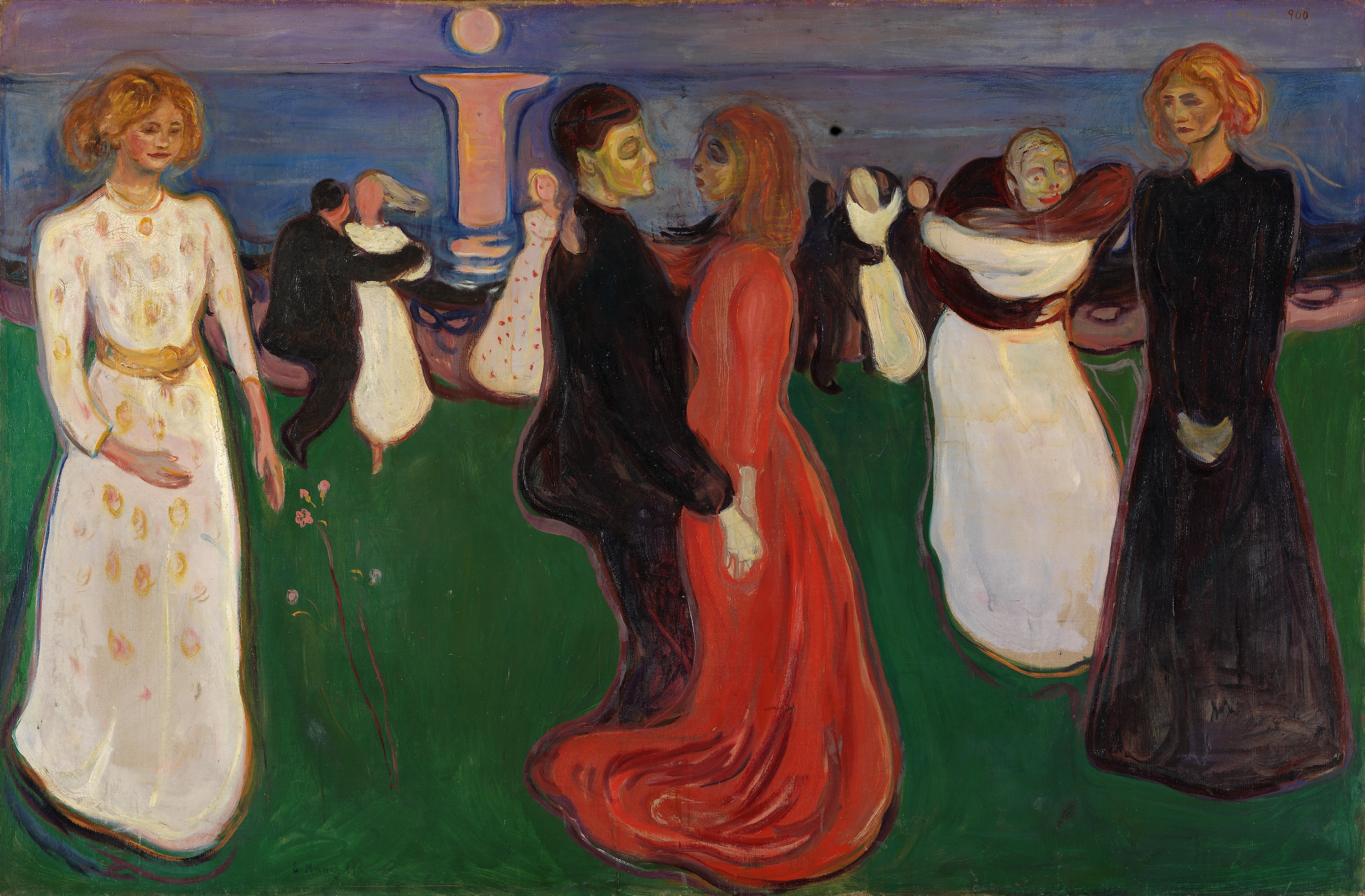 Munch's The Dance of Life shows couples dancing beside a shoreline, with a central pair in black and red flanked by women in white and black.