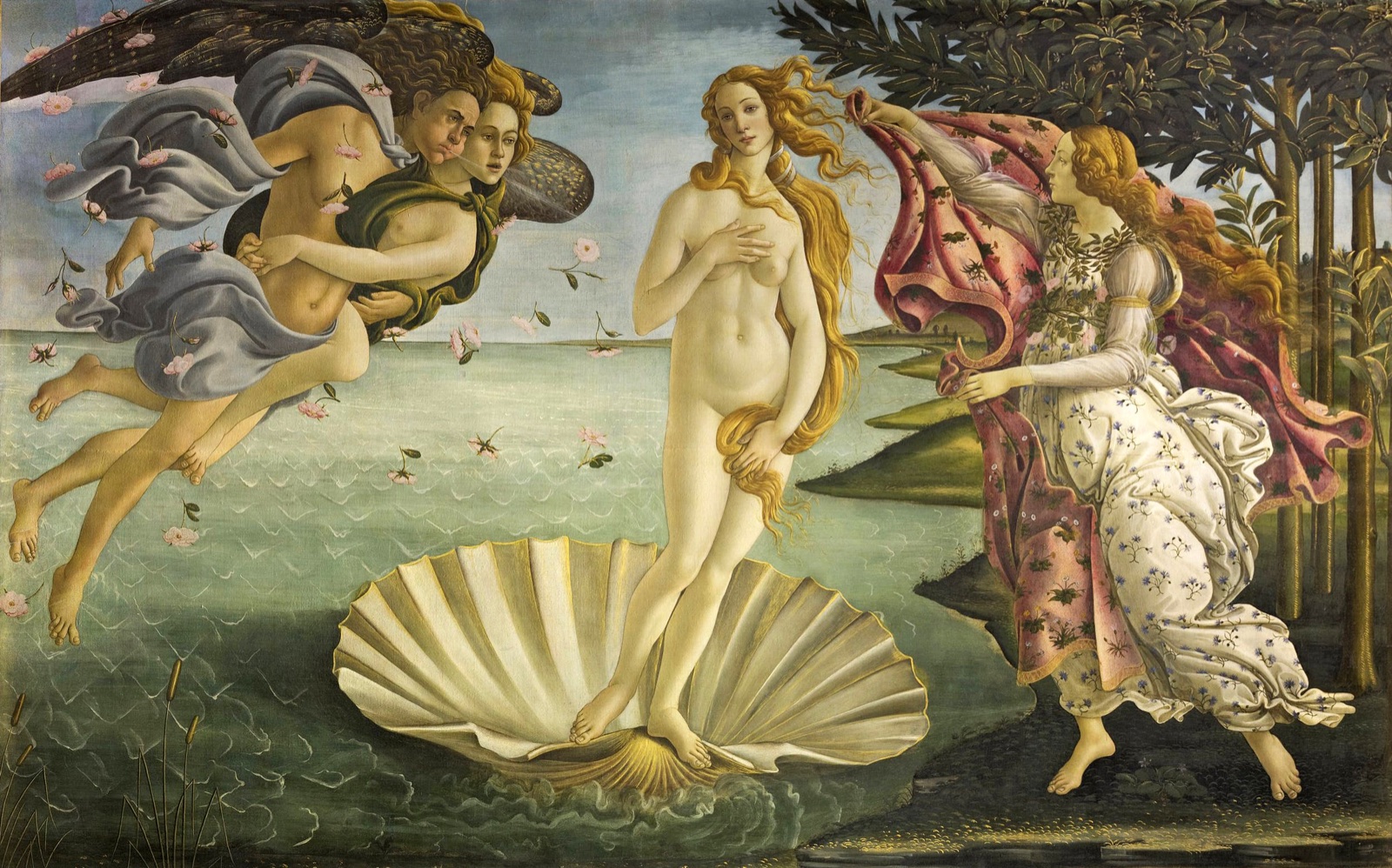 Venus stands on a shell at shore as winds blow and a figure offers a flowered cloak