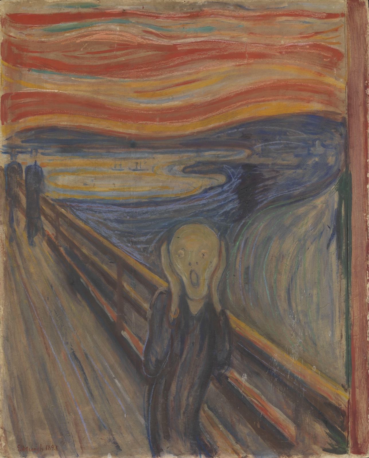 A central figure holds its face beside a red sky and blue-black Oslo fjord