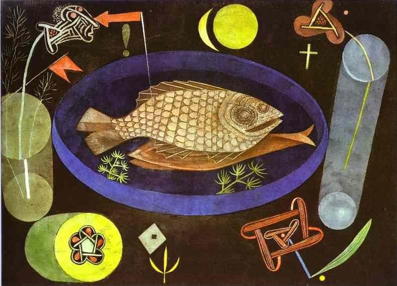 Paul Klee's Around the Fish centres a pale fish among dark abstract signs and brightly coloured shapes.