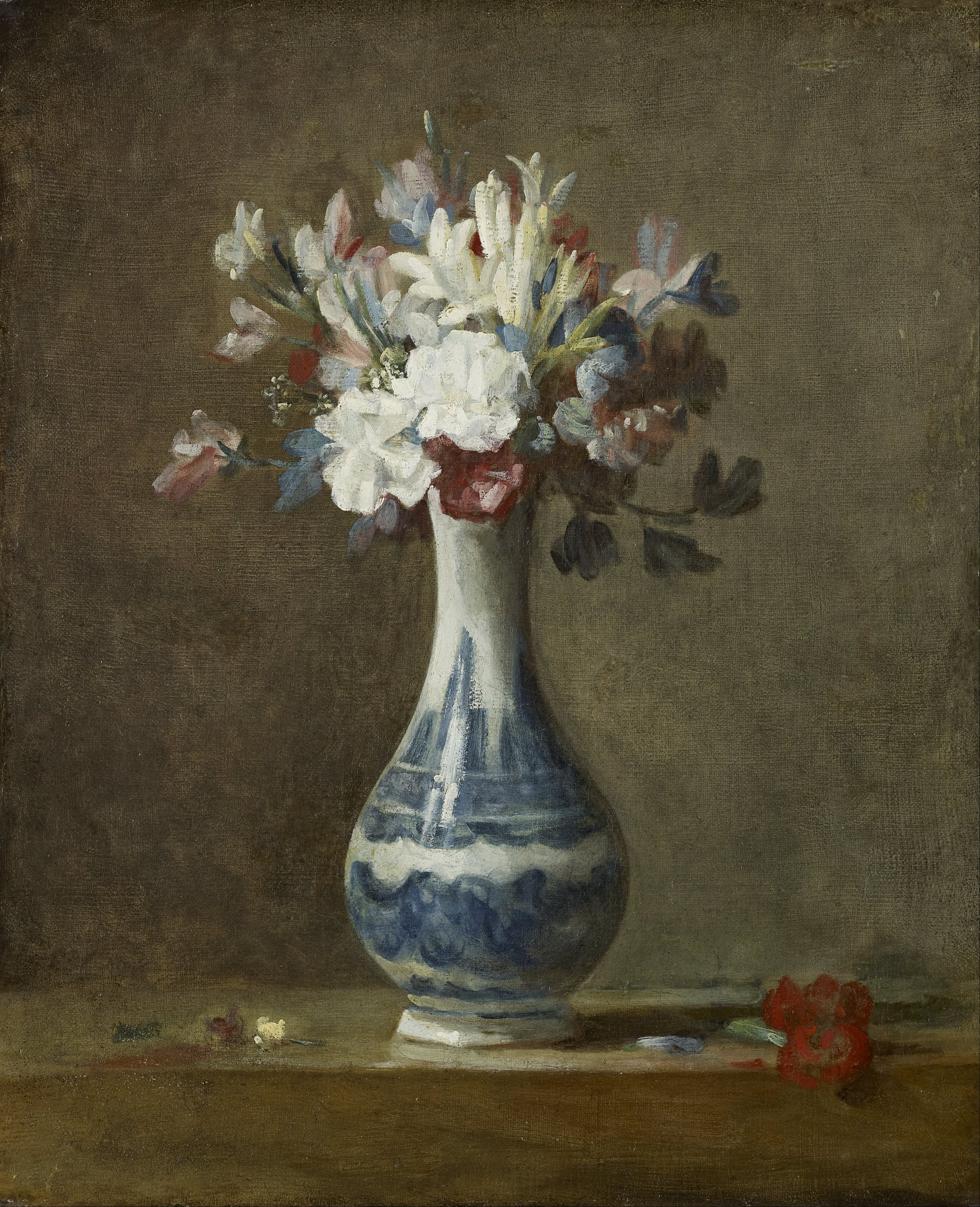 Chardin's small bouquet of carnations, tuberoses and sweet peas stands in a plain earthenware vase.