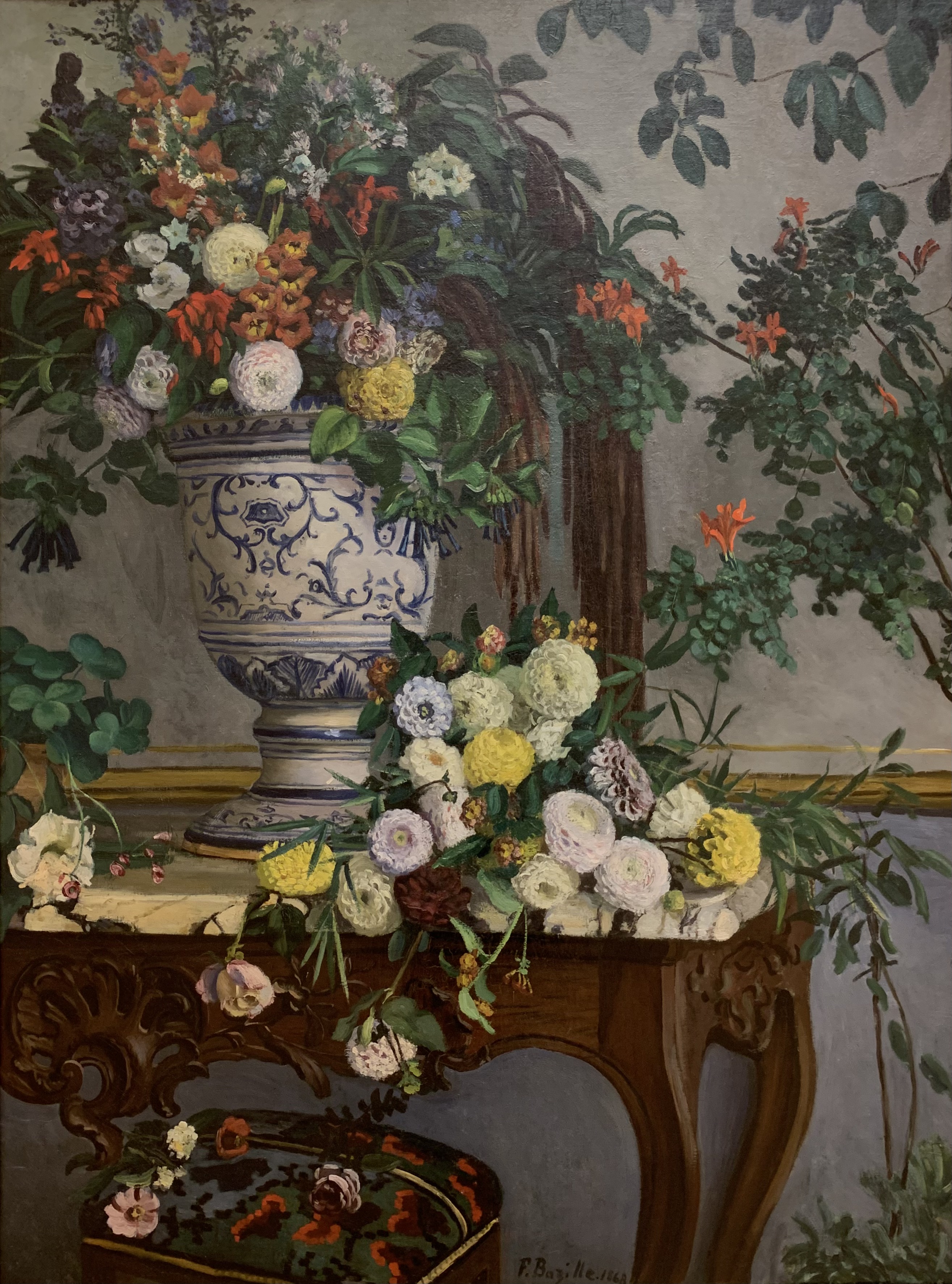 Frédéric Bazille's tall flower painting arranges bright garden blooms and foliage against a dark background.