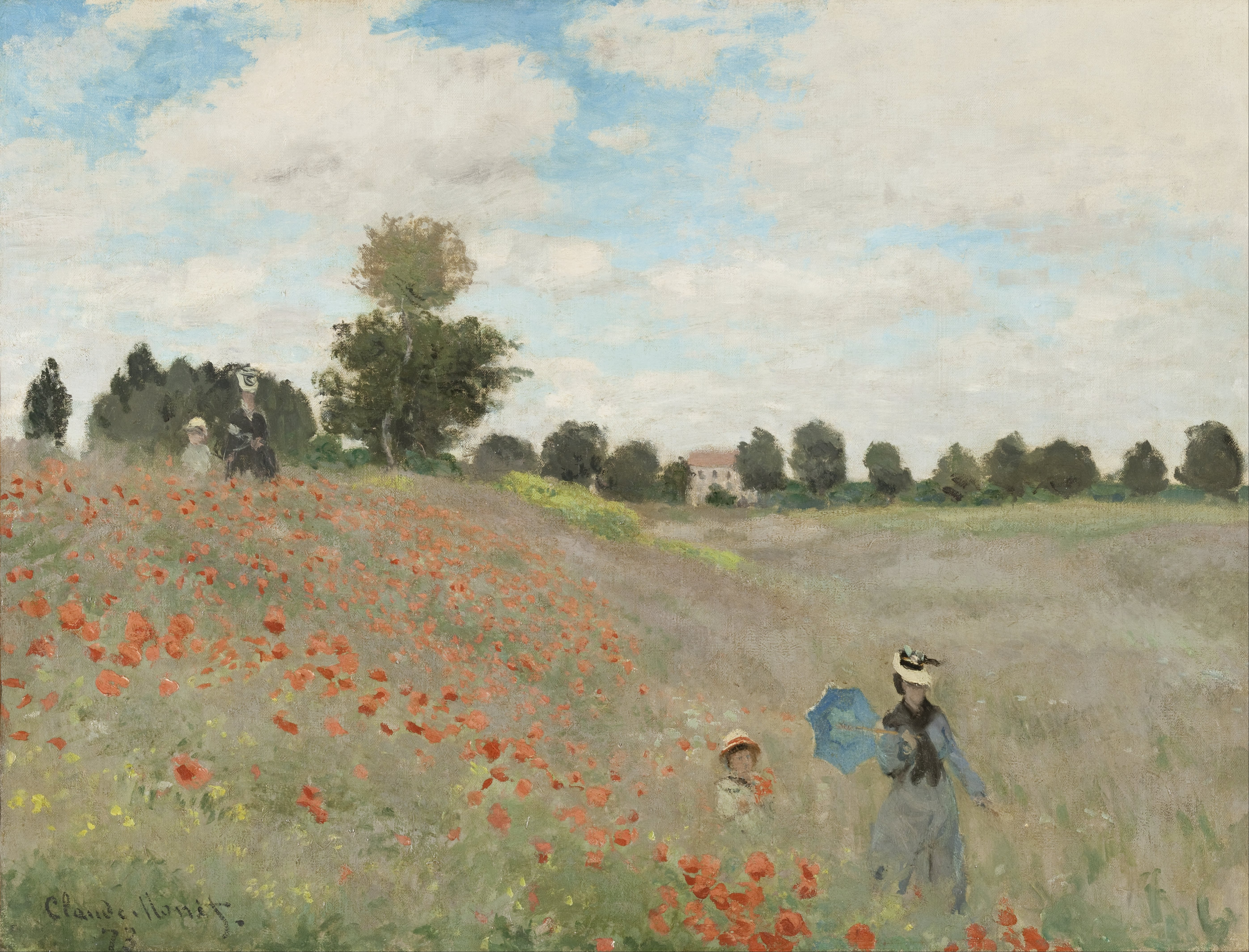 Red poppies scatter across a green hillside as four figures walk through Claude Monet's field near Argenteuil.