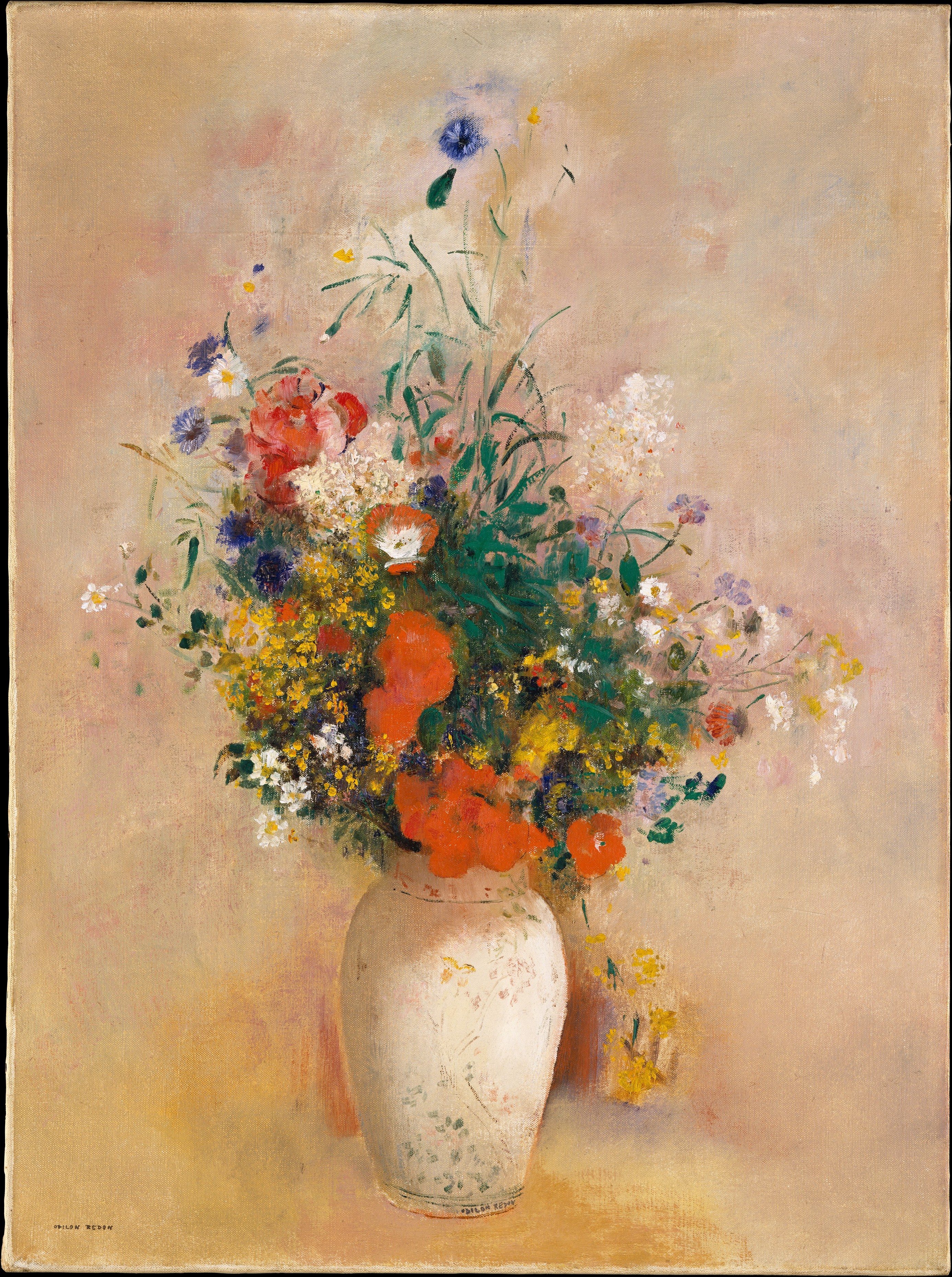 A loose bouquet of multicoloured flowers glows against a mottled pink background in Odilon Redon's painting.