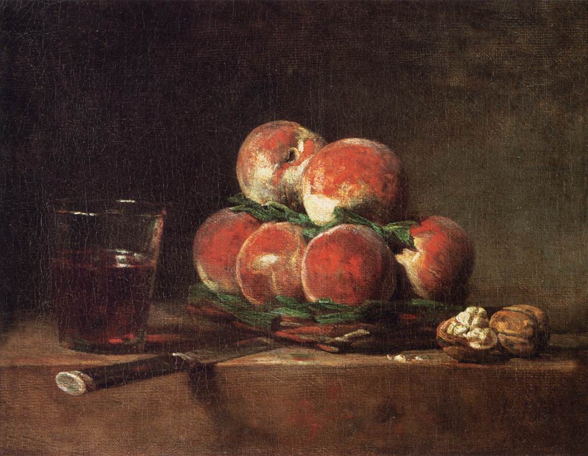 A basket piled with peaches beside walnuts, a knife and a glass of wine in Chardin's still life.