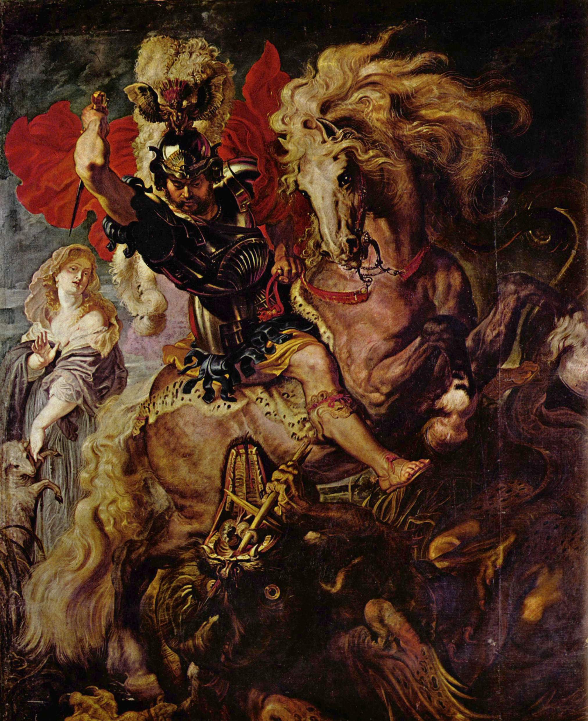 Rubens shows Saint George raising his sword from a rearing horse above the dragon as a princess stands at left.