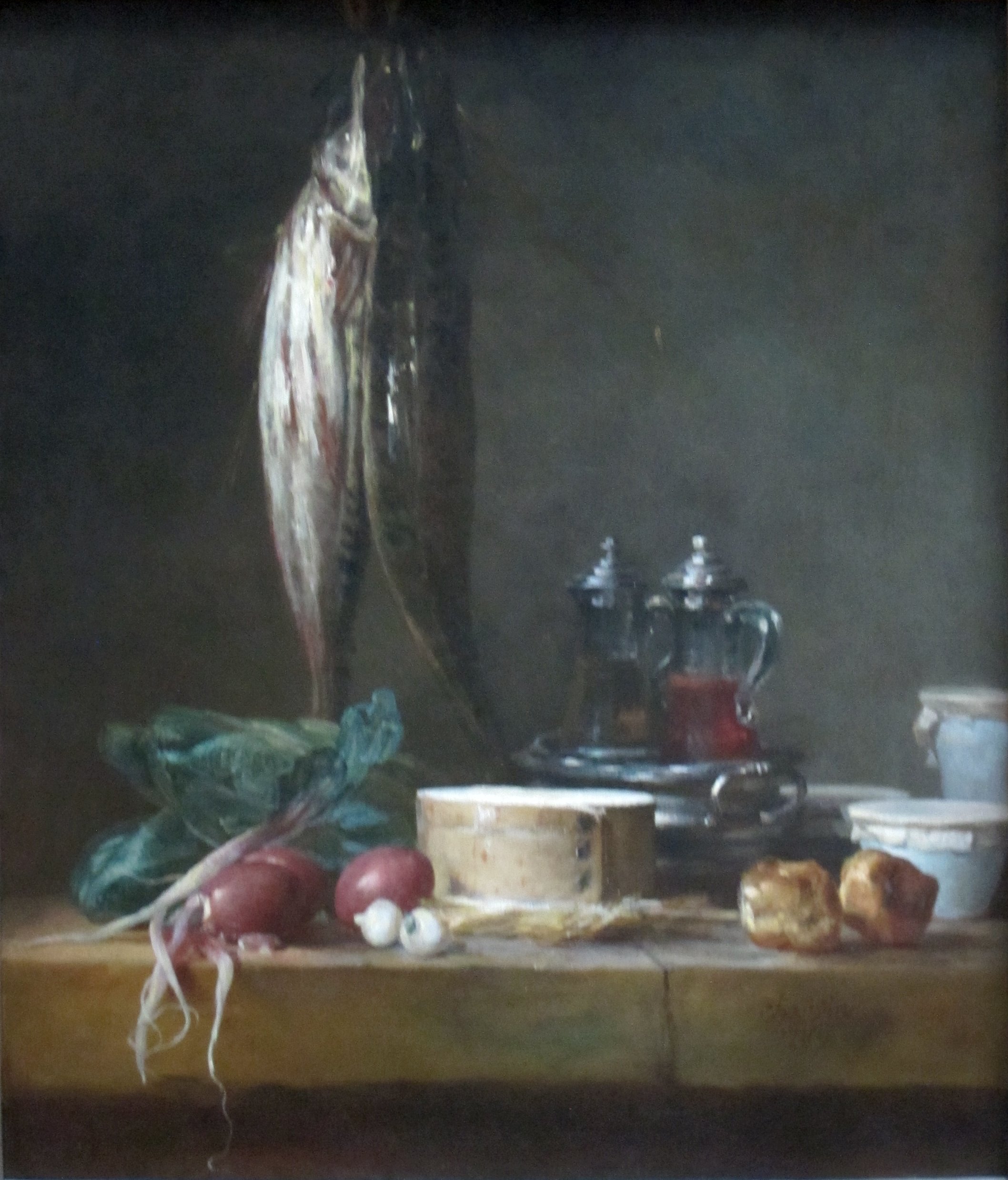 Chardin's still life with a hanging fish above vegetables, pots, pastries and glass cruets.