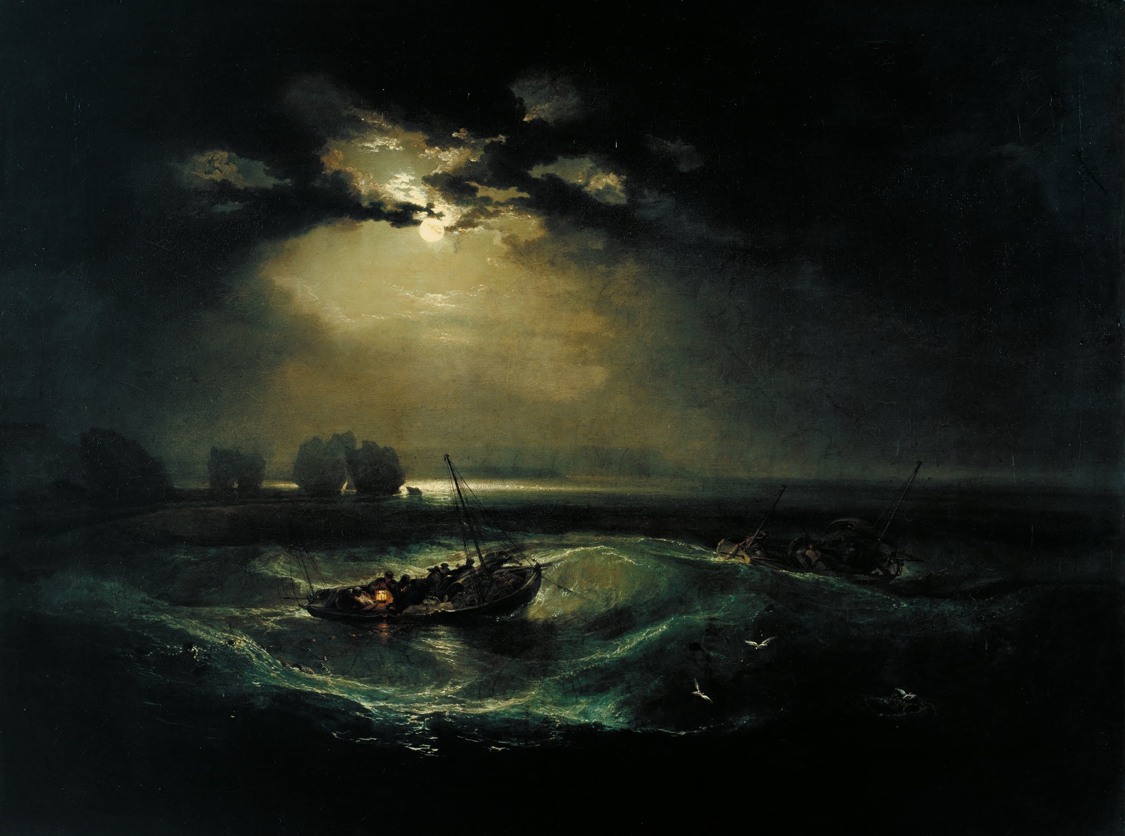Turner's Fishermen at Sea shows boats on rough dark water beneath a moon breaking through clouds, with a small lantern glowing in the nearest boat.