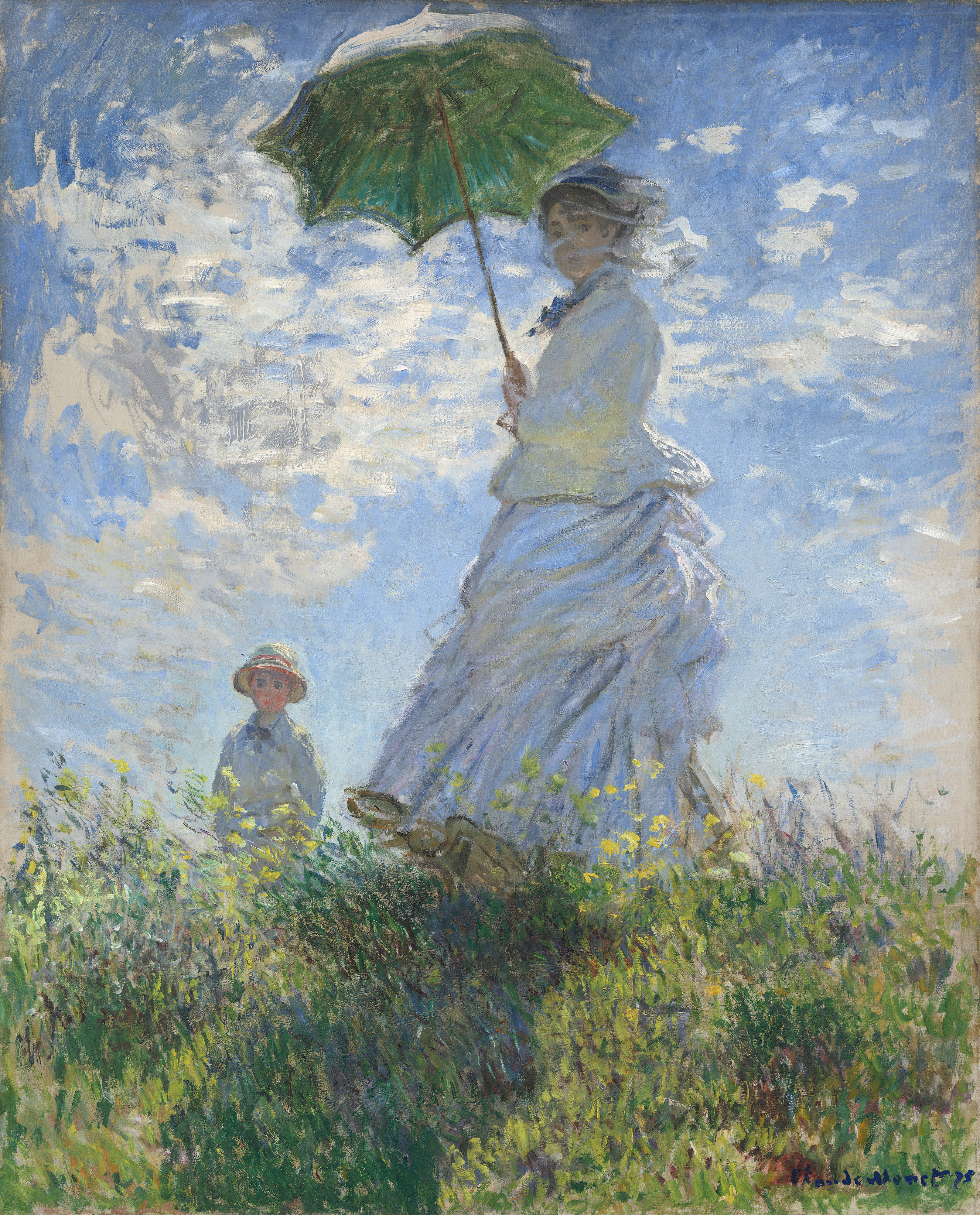 Monet's Woman with a Parasol shows Camille Monet on a grassy rise beneath a green parasol, with their son behind her.