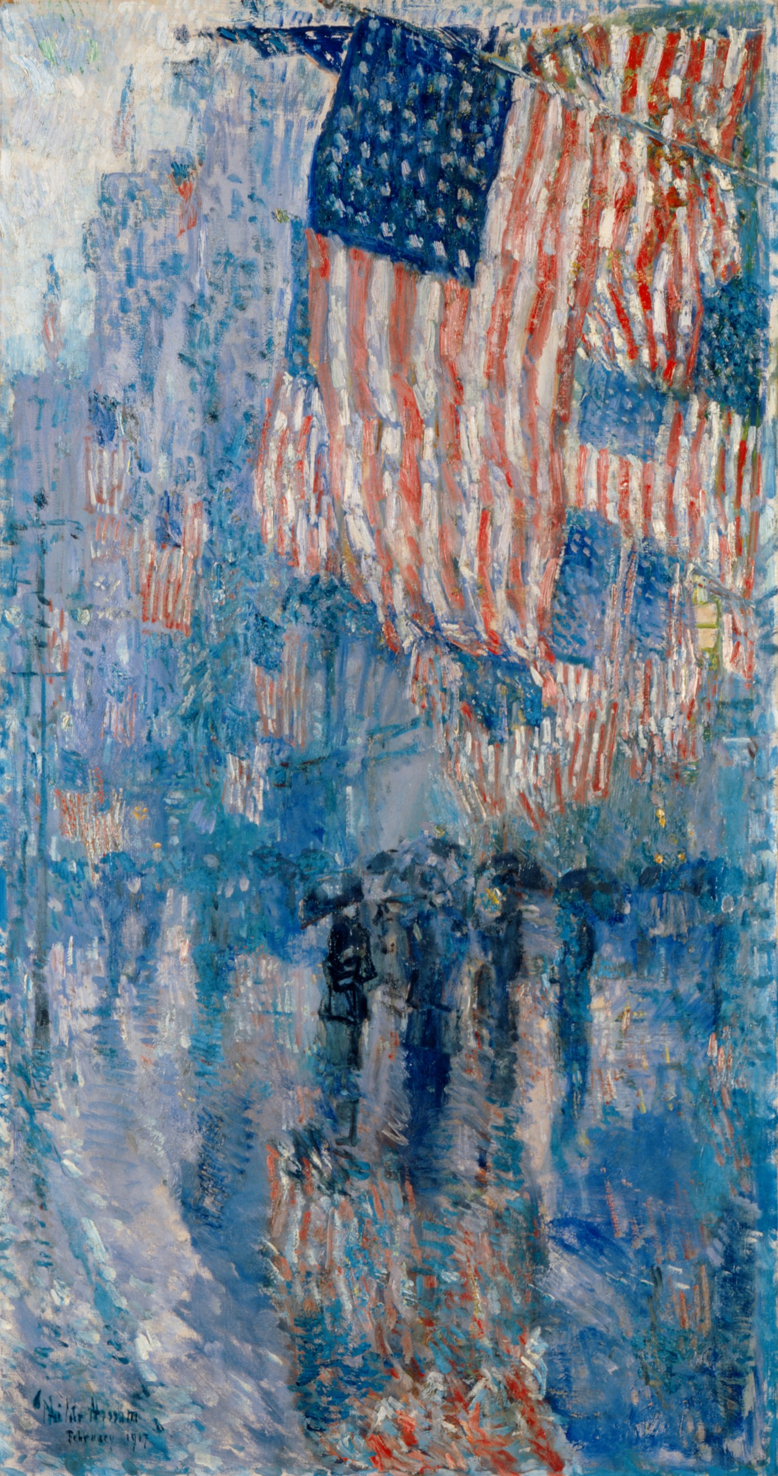 Hassam's The Avenue in the Rain shows pedestrians under dark umbrellas beneath a dense display of American flags on Fifth Avenue.