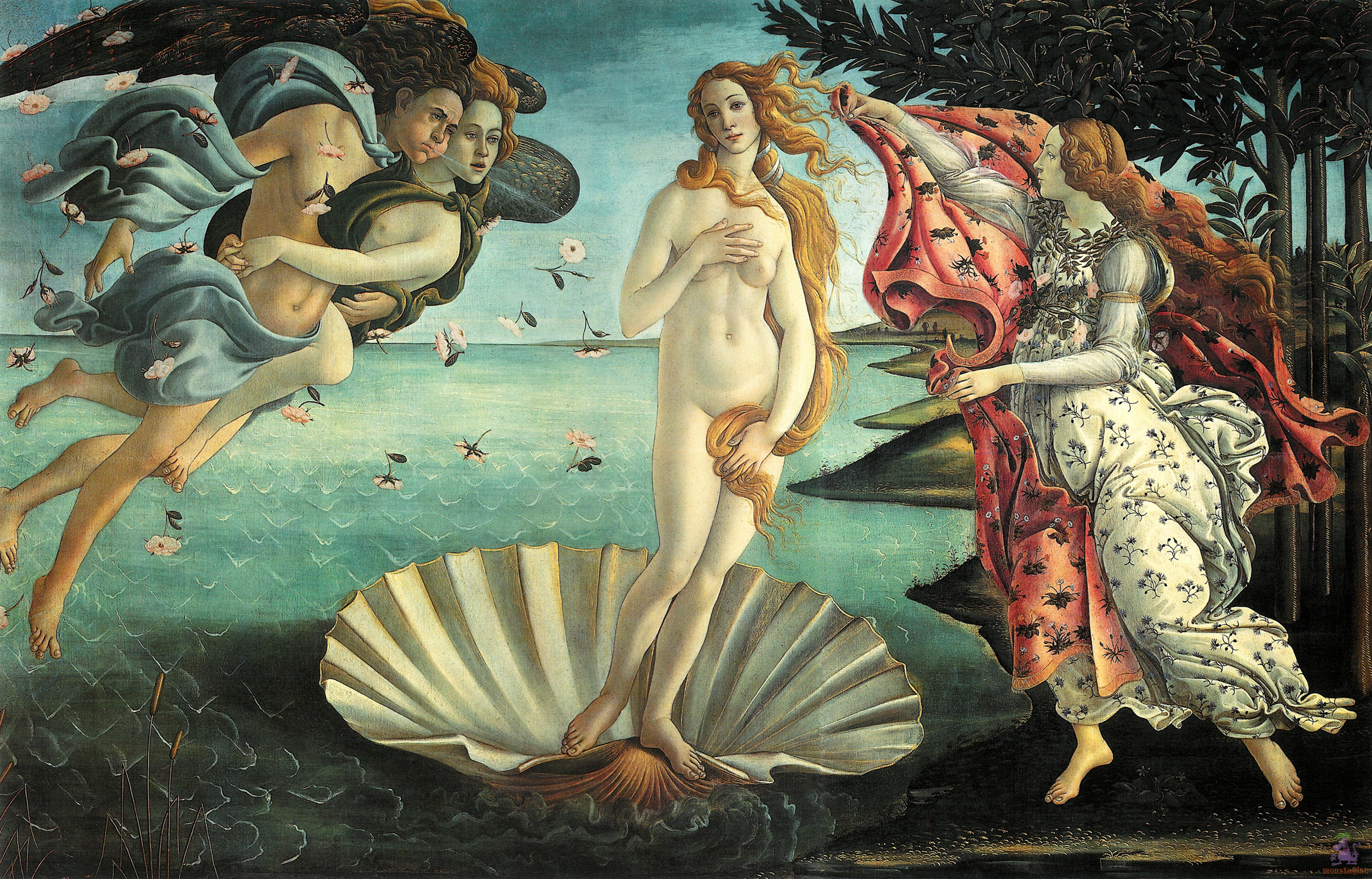 Botticelli's Birth of Venus, with Venus standing on a shell at sea, wind figures to the left and an attendant holding a floral cloak to the right.