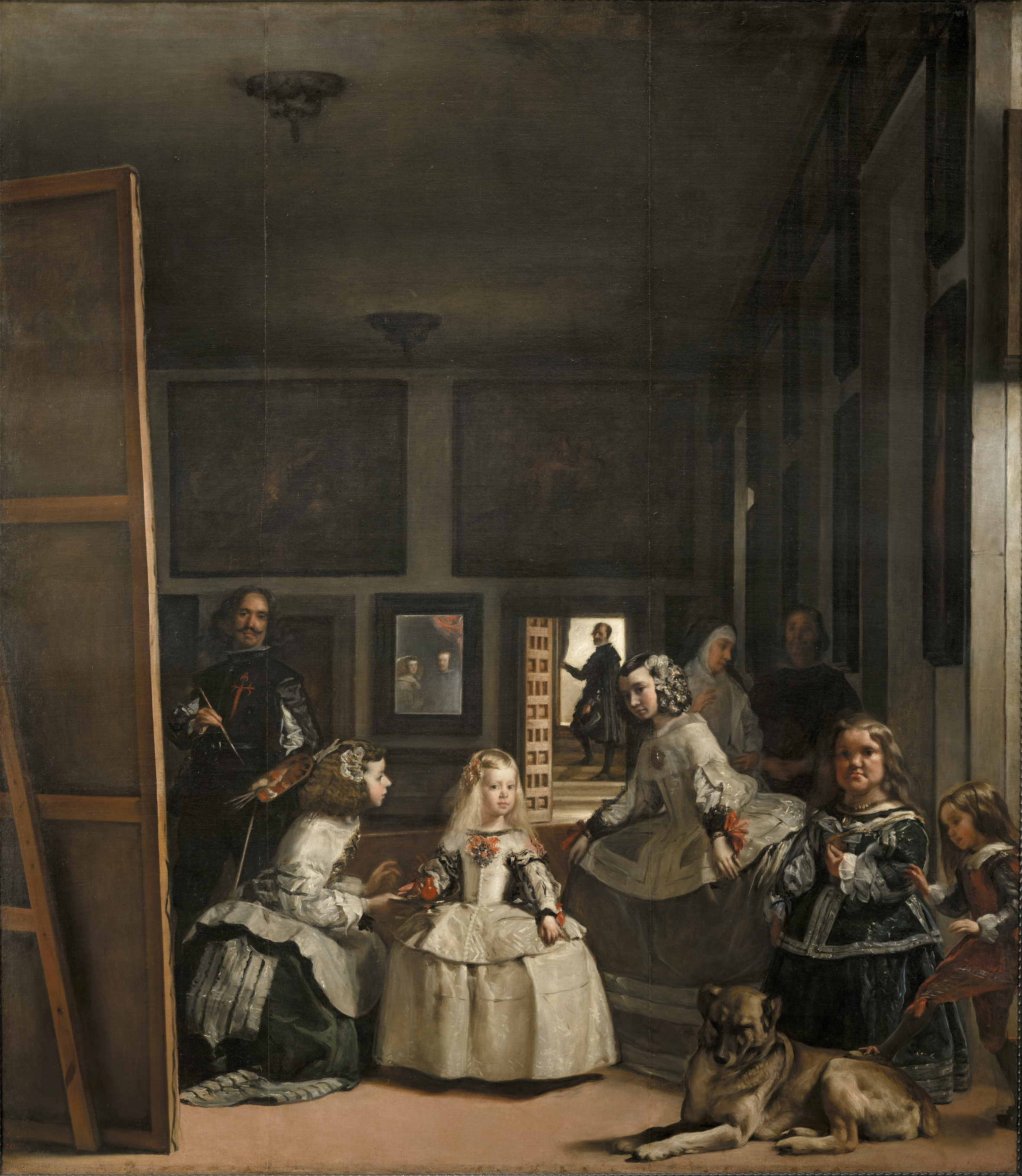 Velázquez's Las Meninas, with the Infanta Margarita and attendants in the artist's studio, Velázquez at a canvas and the royal couple reflected in a mirror.