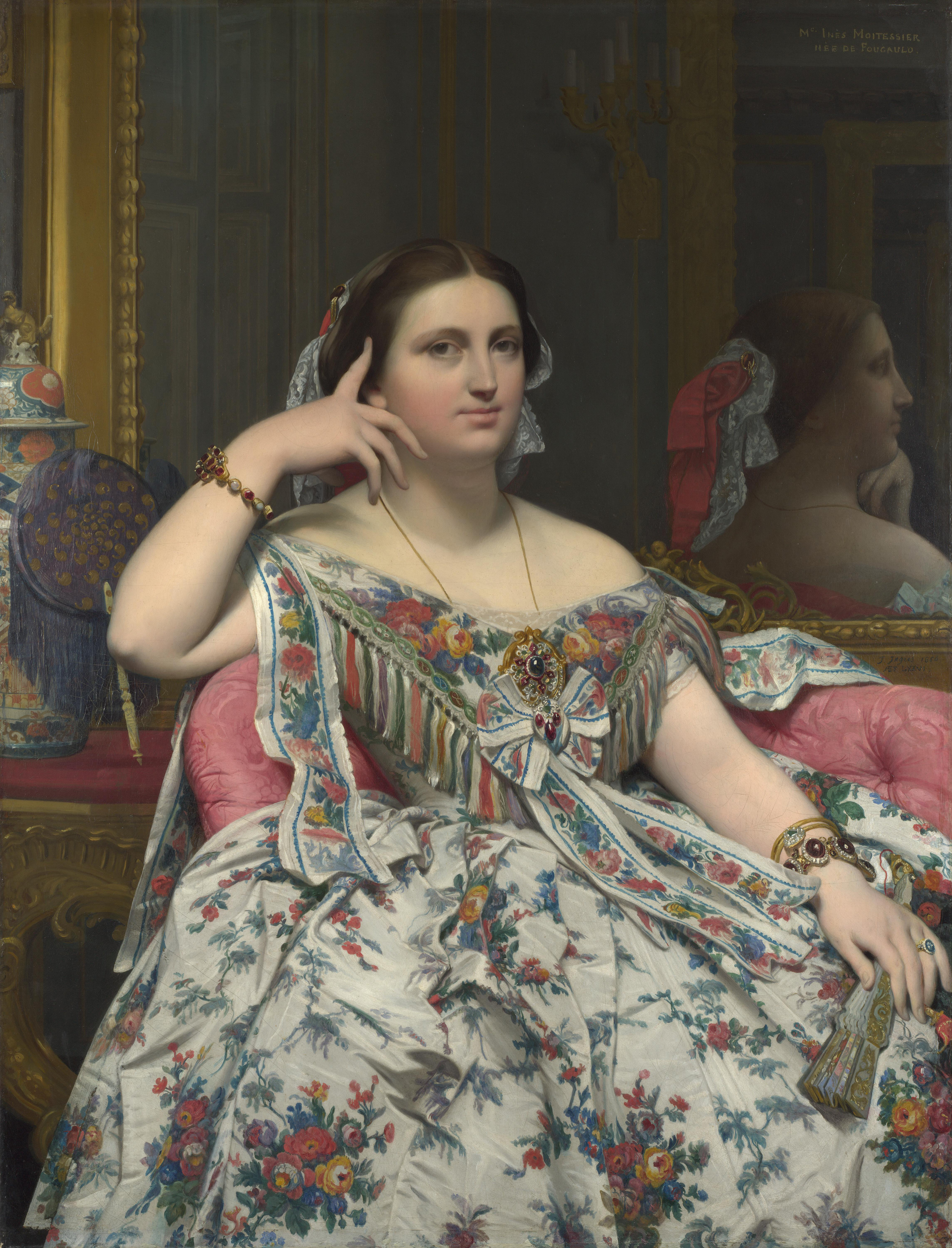 Ingres's Madame Moitessier, showing a woman in a floral gown seated with one hand at her temple and her profile reflected in a mirror.