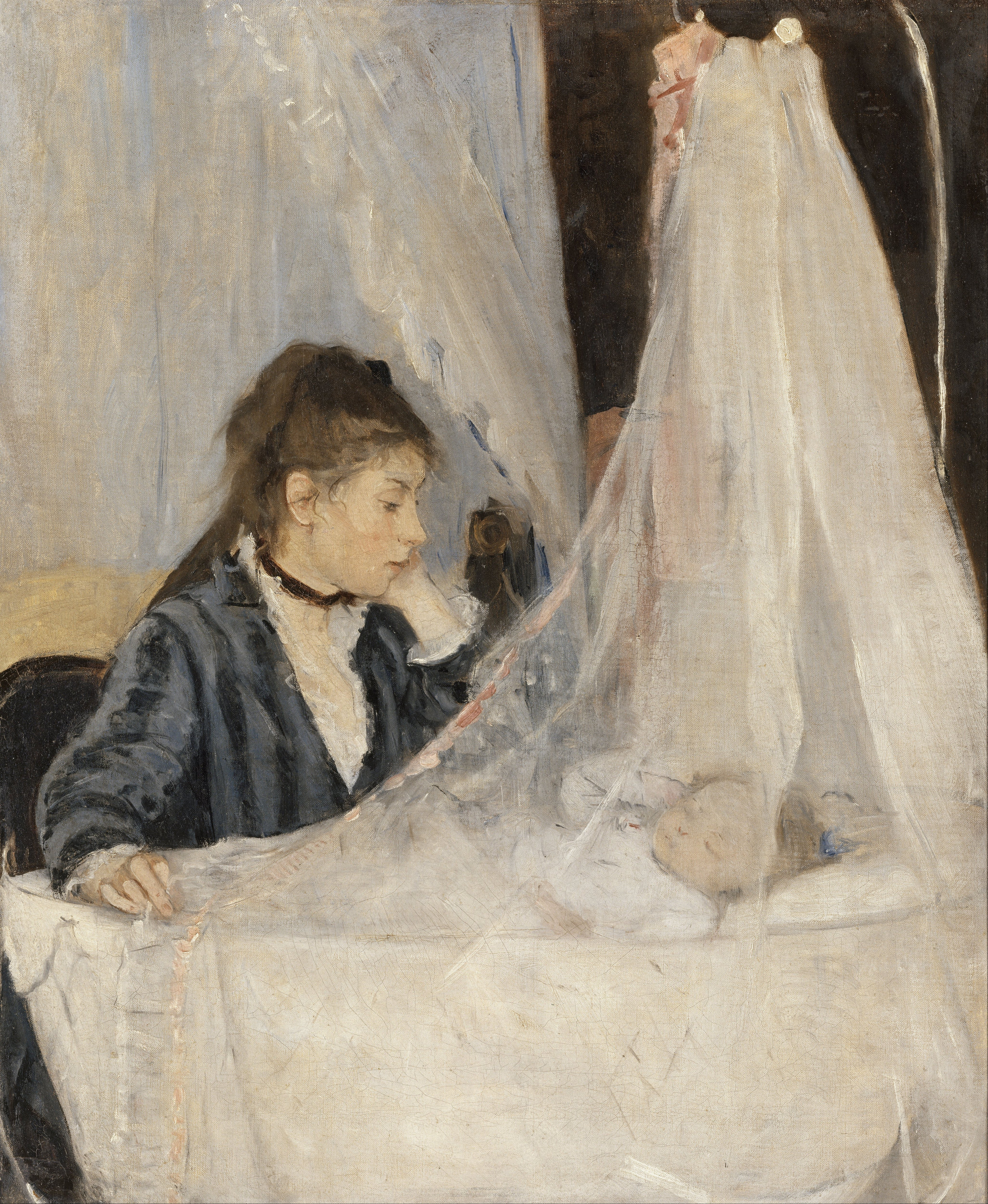 Morisot's The Cradle, with a seated mother looking through a gauze curtain at an infant asleep in a cradle.