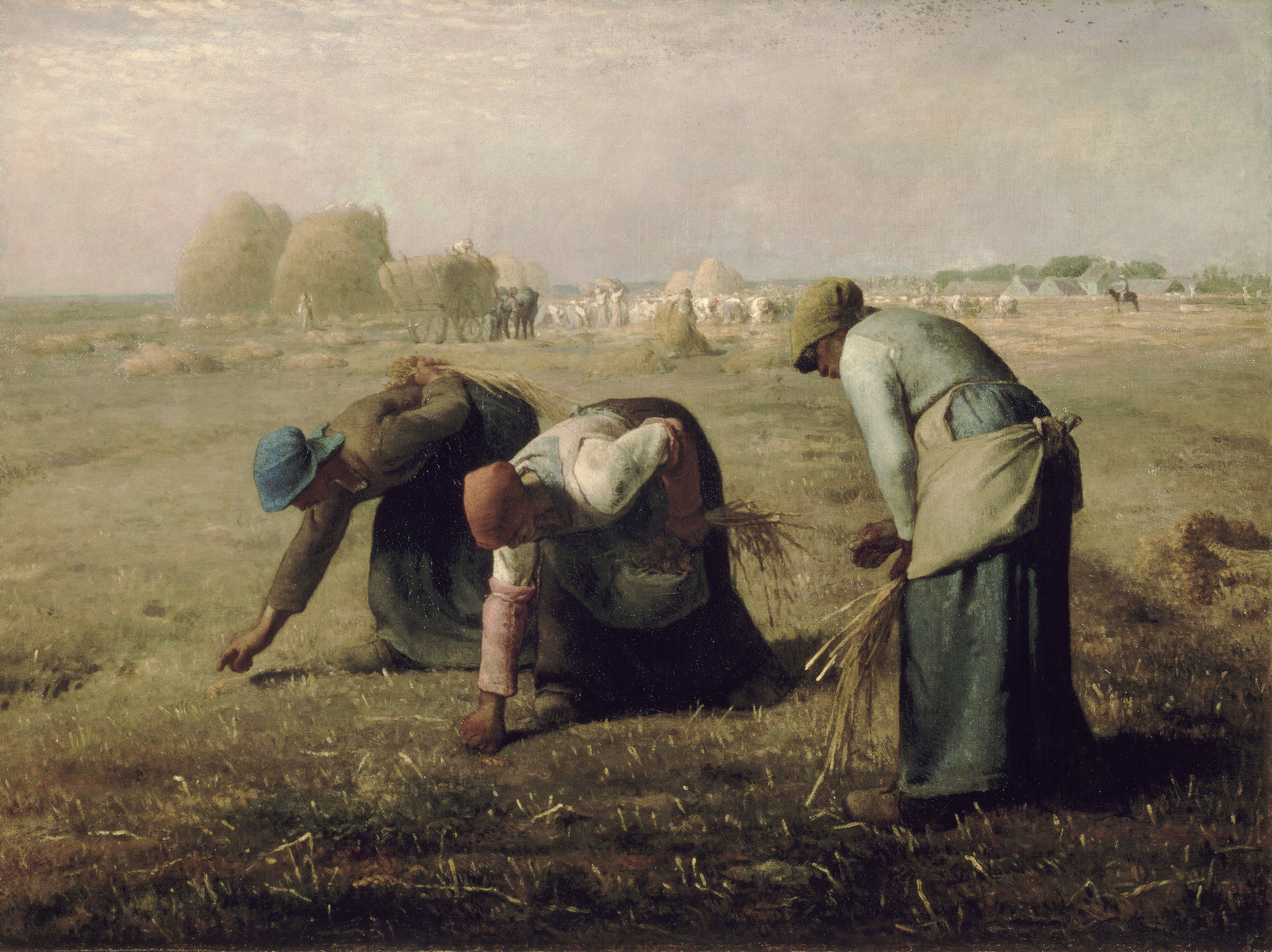 Millet's The Gleaners, showing three women stooping to gather grain in a harvested field.