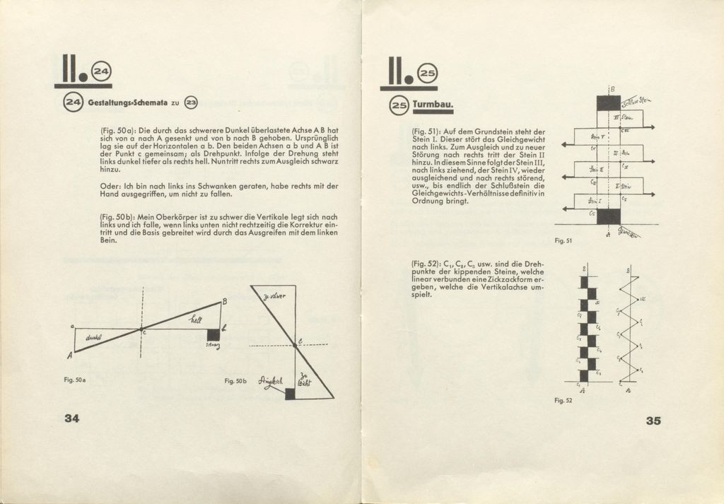Pages 34 and 35 of Klee’s Pedagogical Sketchbook, with tipping axes and a tower balanced by alternating blocks.