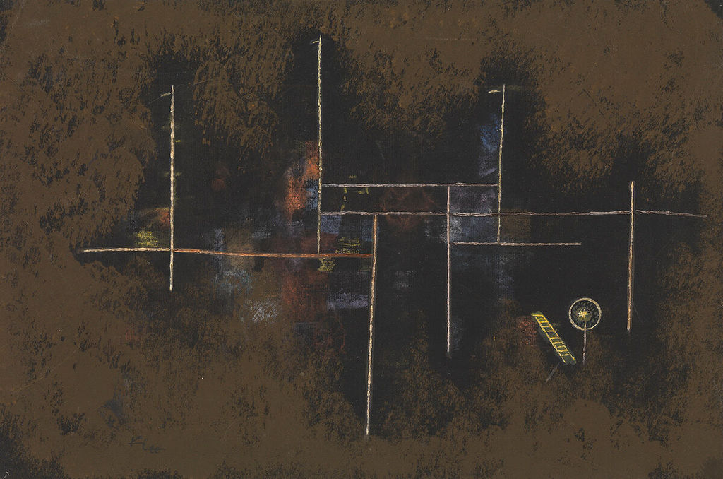Paul Klee, Gerüst eines Neubaues 1930,41, showing fine white scaffolding lines over a dark ground