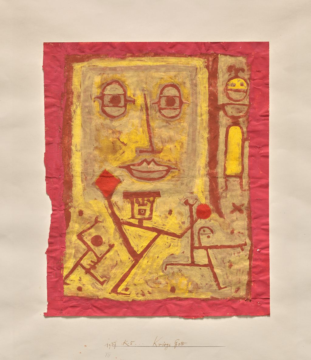 Klee's God of War, painted over printed news from the Spanish Civil War