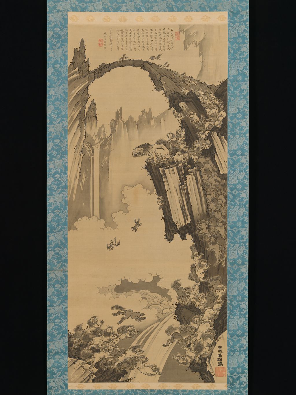 Lions at the Stone Bridge of Mount Tiantai, hanging scroll