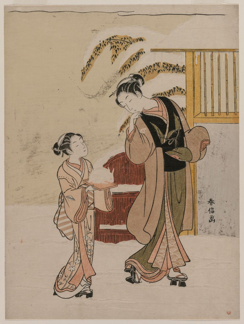 Young Woman Admiring a Snow Rabbit
