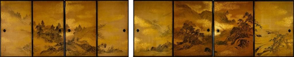 《漁樵山水図》、襖八面、1889年