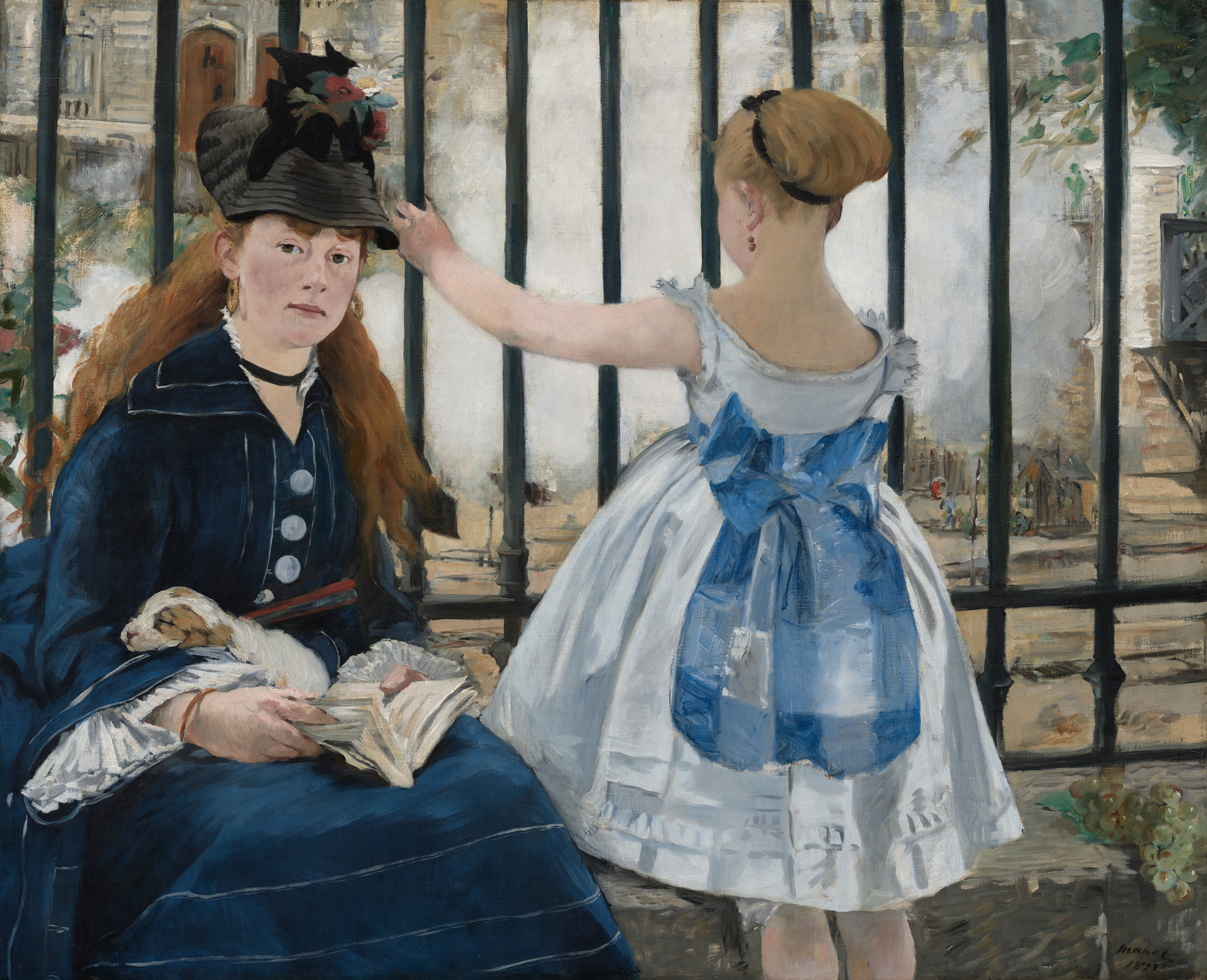 Manet's The Railway shows a seated woman and a standing child before black railings and pale railway steam.