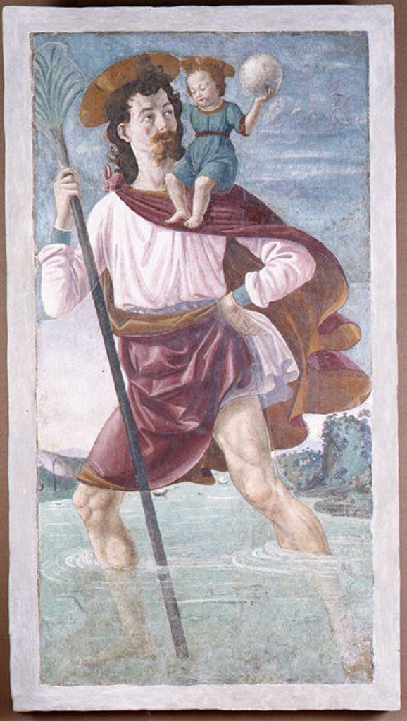 Monumental Renaissance fresco of Saint Christopher carrying the Christ Child.