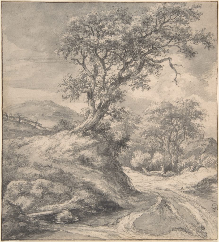 Dutch landscape drawing with a dark oak, low dunes and opaque bodycolor accents.