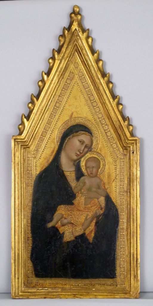 Lippo Memmi's Madonna and Child in tempera and gold on a tall narrow wooden panel.
