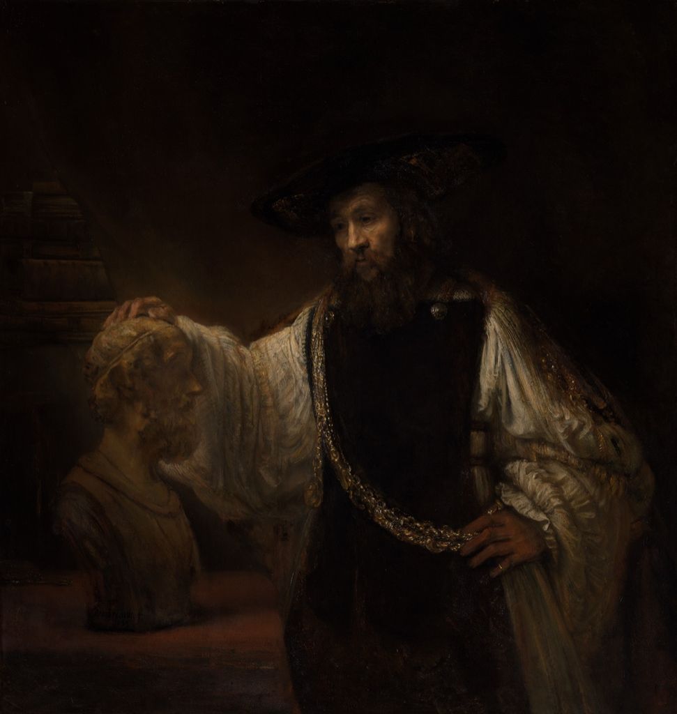 Rembrandt painting of Aristotle touching a sculpted bust of Homer.