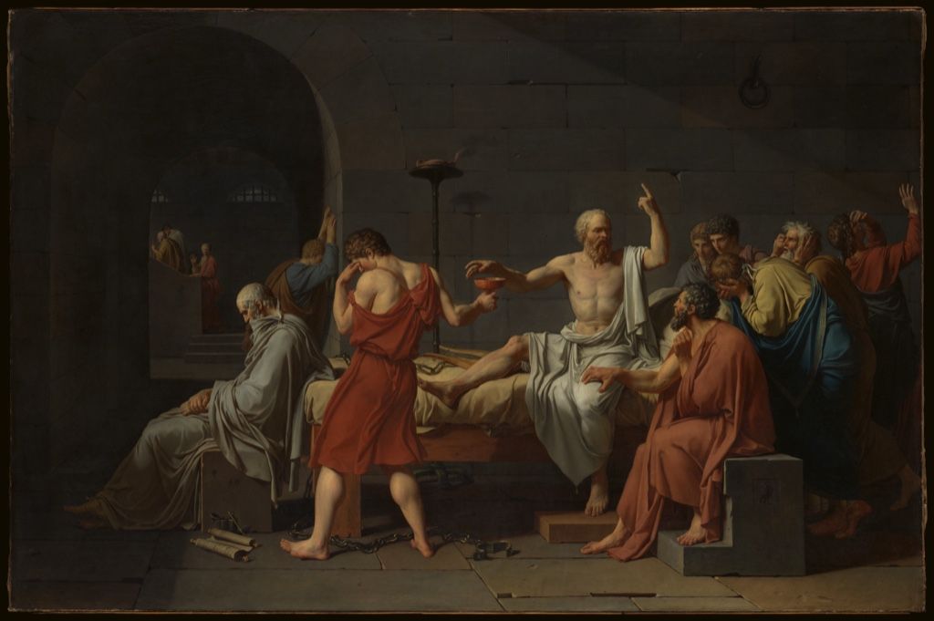 Neoclassical history painting of Socrates reaching for poison among grieving followers.