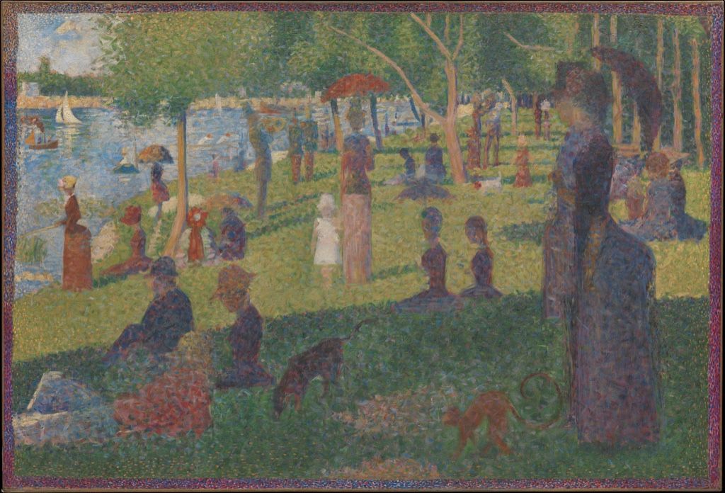 Seurat oil study of figures relaxing beside a river in sun and shade.