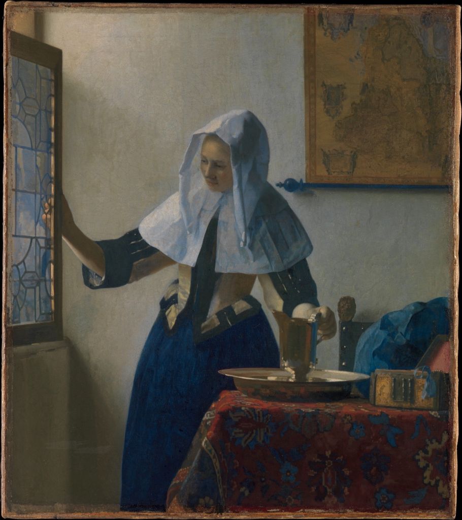 Vermeer interior with a woman opening a window beside a water pitcher.