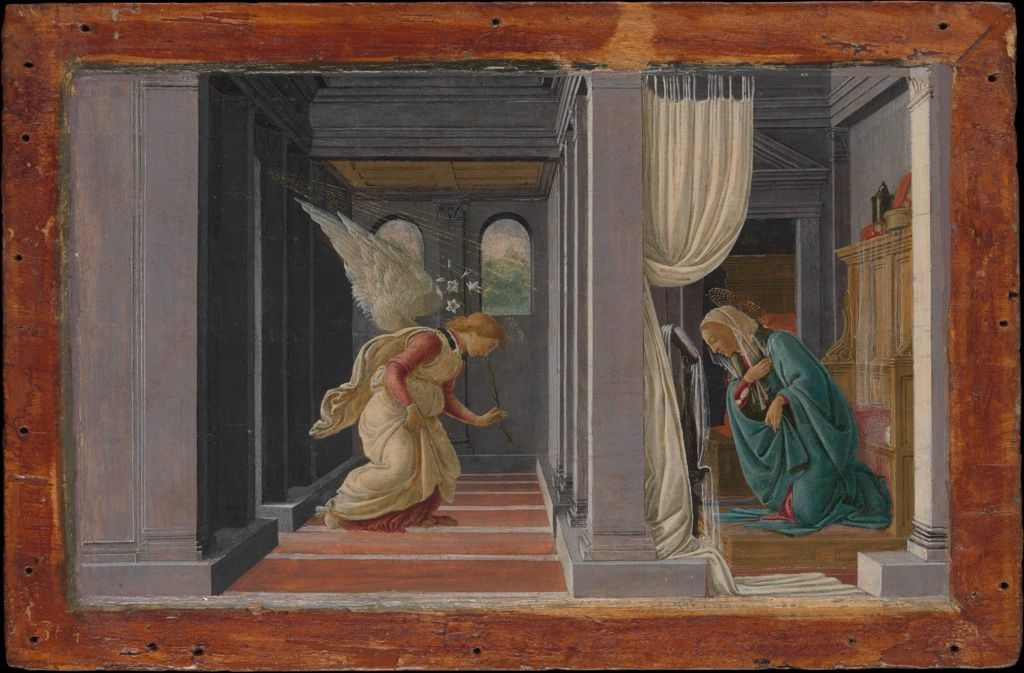 Botticelli tempera panel showing Gabriel kneeling before the recoiling Virgin.