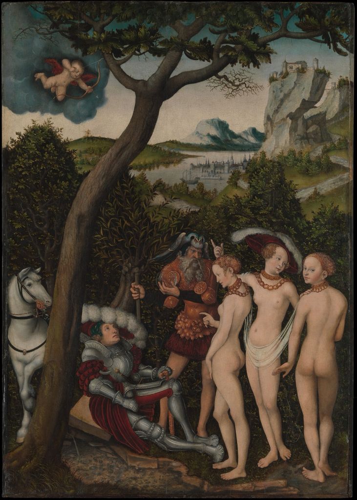 Cranach panel of Paris choosing among three goddesses in a landscape.