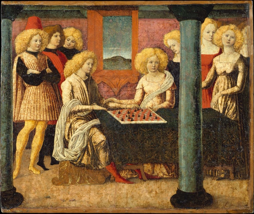 Three richly dressed figures gathered around a chessboard in a tempera panel.