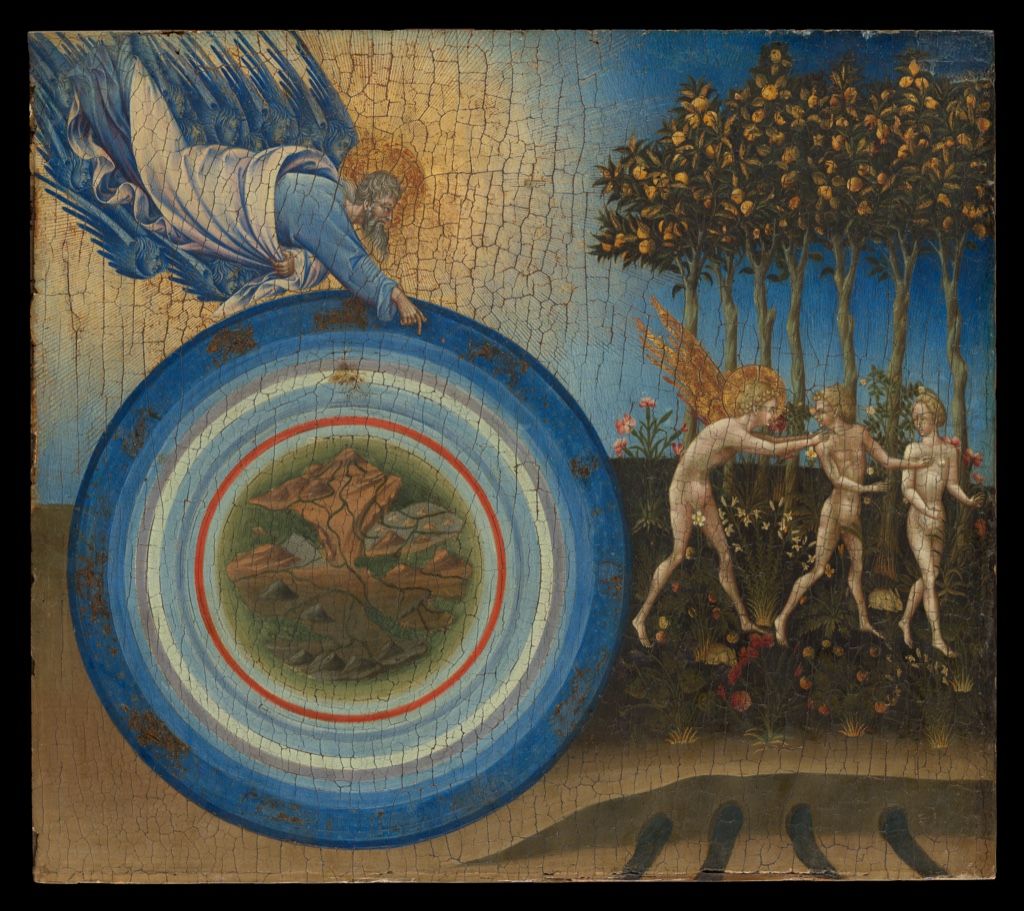 Tempera panel showing a circular cosmos beside Adam and Eve expelled from paradise.